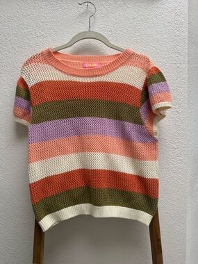 THML Peach Multi-Stripe Short-Sleeve Crew Sweater